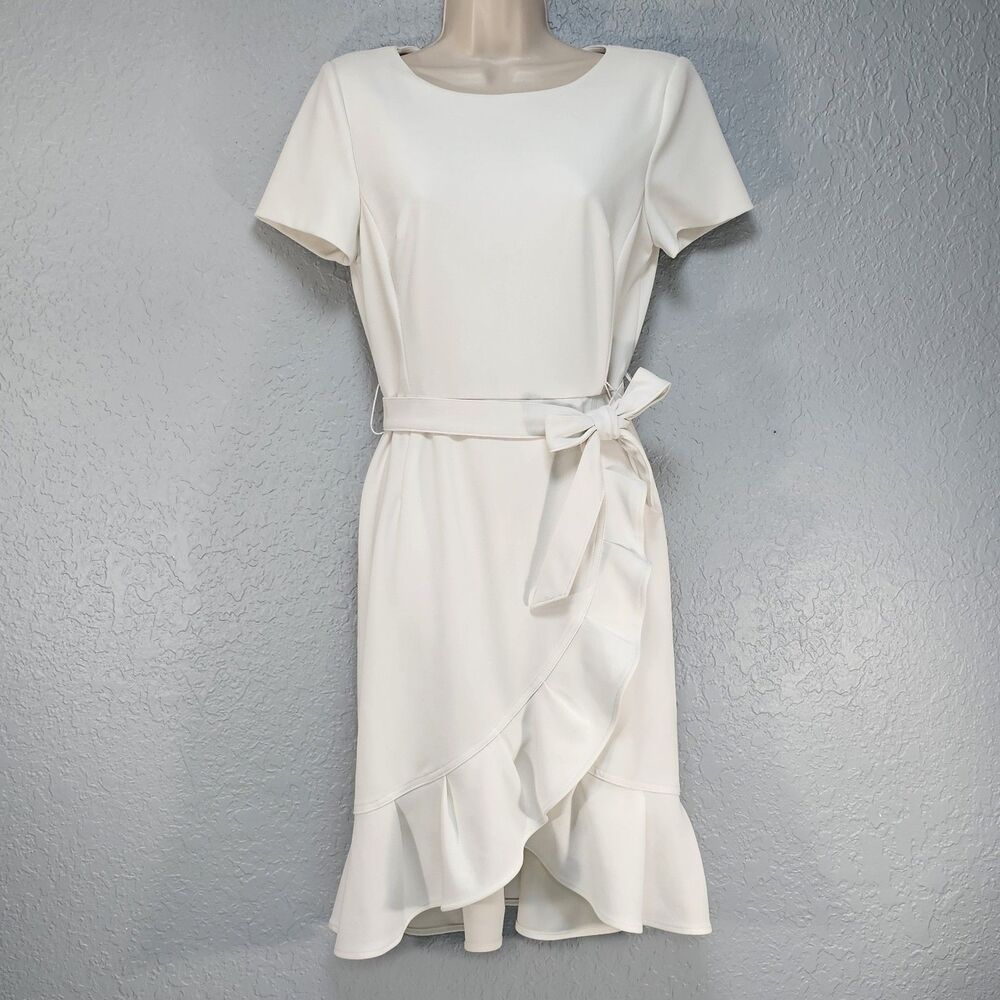 Calvin Klein Women's Ruffle Tulip Hem Tie Waist Faux Wrap Crepe Dress White Sz 6